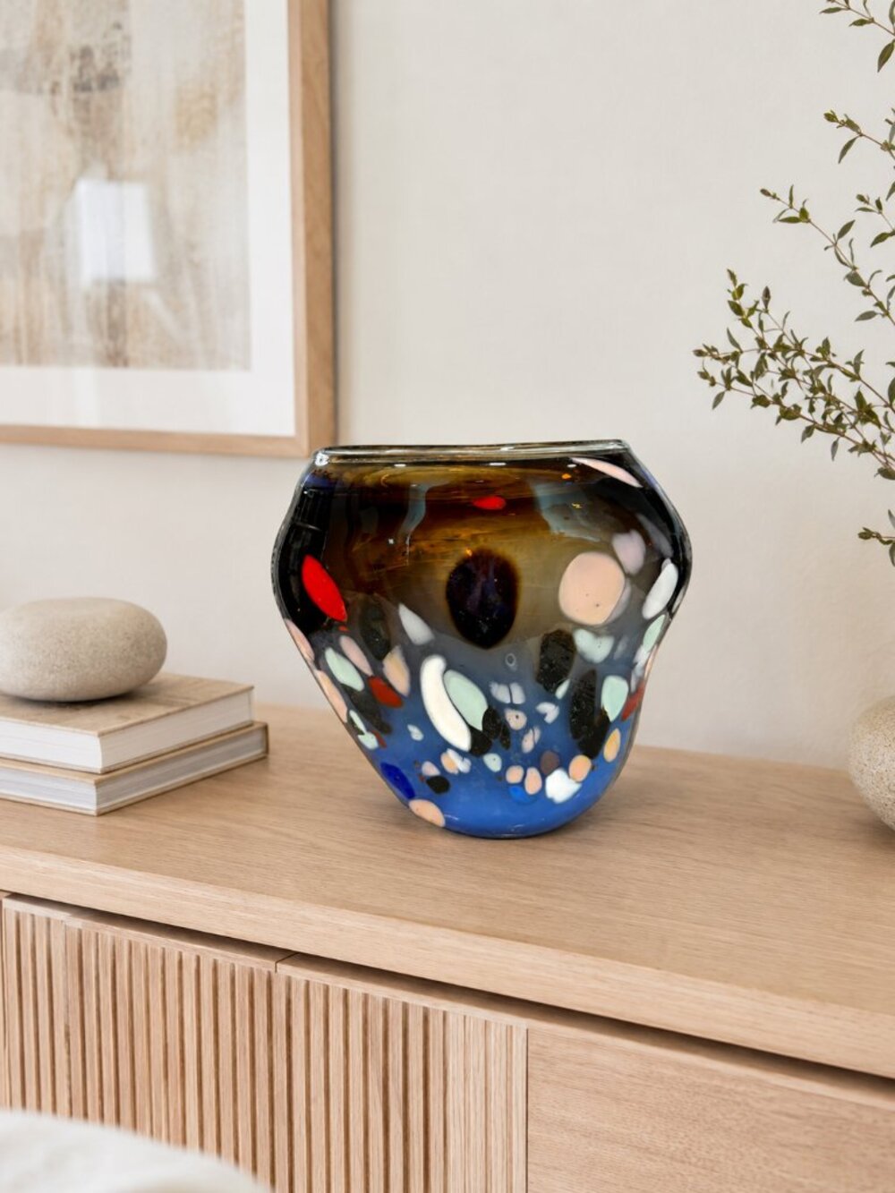 Murano Style Handblown Murrine Art Glass Vase Amber Blue 12” - Picture 2 of 10